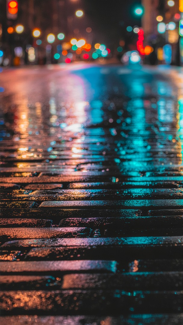 Rainy Night City Street Wallpaper - Aesthetic Wet Cobblestone Reflection 4K
