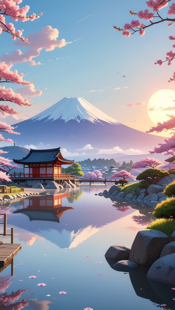 Mount Fuji Cherry Blossom Wallpaper - Japanese Temple Reflection 4K