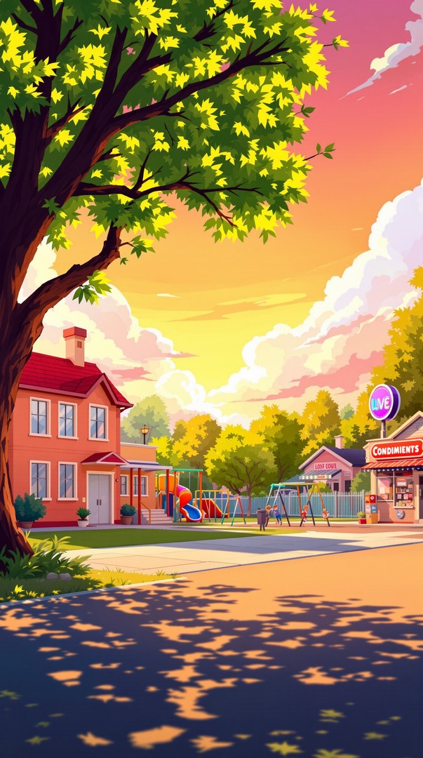 ​Cartoon Neighborhood Wallpaper - Vibrant Sunset Town Art 4K