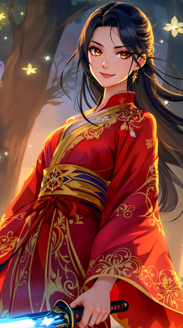 Anime Warrior Girl Wallpaper - Red Kimono & Glowing Sword 4K