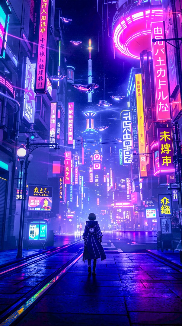 ​Cyberpunk City Night Wallpaper - Neon Street & Sci-Fi Character 4K