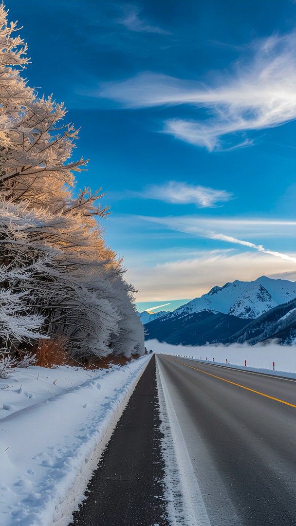 ​Winter Road Wallpaper - Snow Covered Trees & Mountains 4K