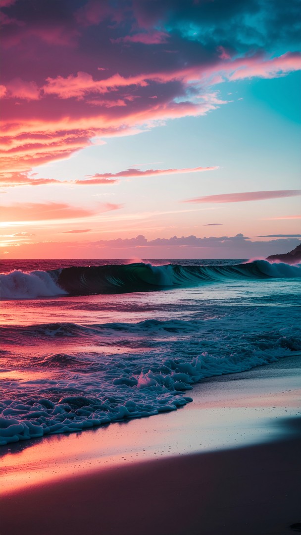 Vibrant Teal and Pink Sunset Wallpaper - Dreamy Beach Waves 4K