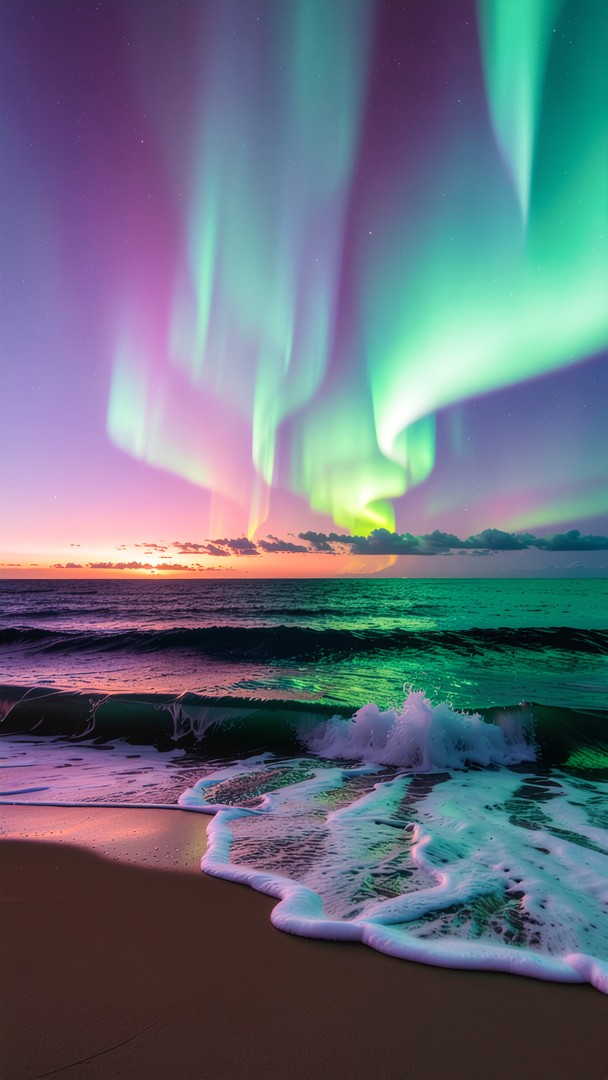 Northern Lights Beach Wallpaper - Aurora Borealis & Ocean Waves 4K