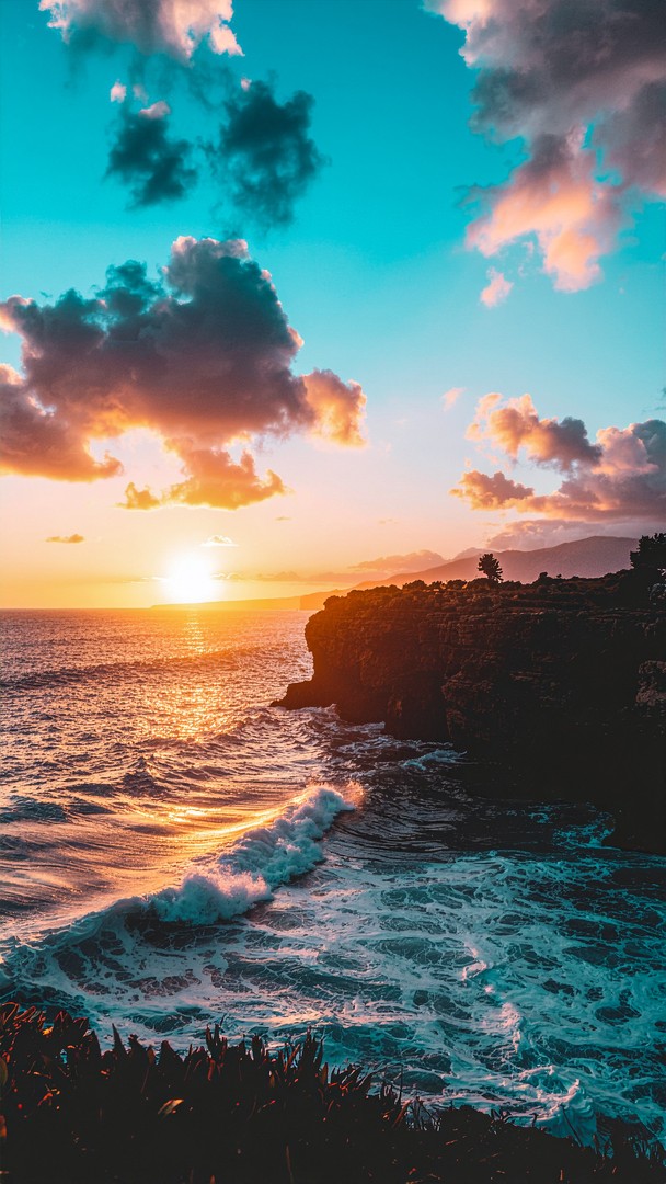 Golden Sunset Cliff Wallpaper - Dramatic Ocean Waves & Teal Sky 4K