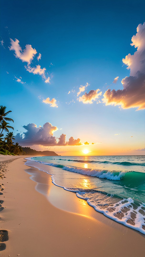 Tropical Beach Sunset Wallpaper - Palm Trees & Turquoise Waves 4K