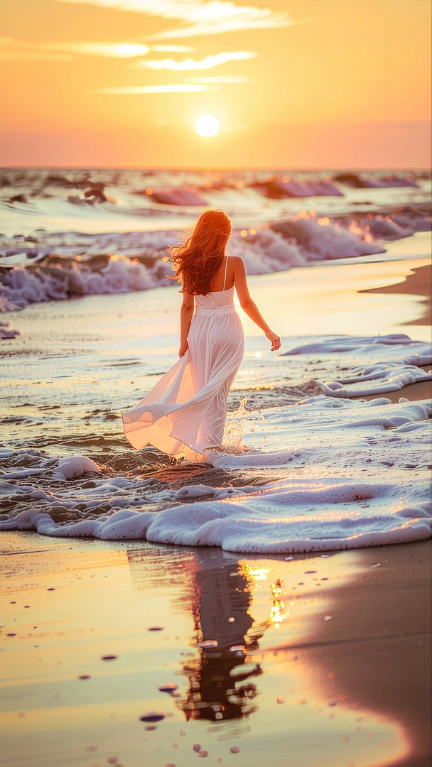 Girl Walking on Beach at Golden Sunset – Aesthetic Ocean Wallpaper