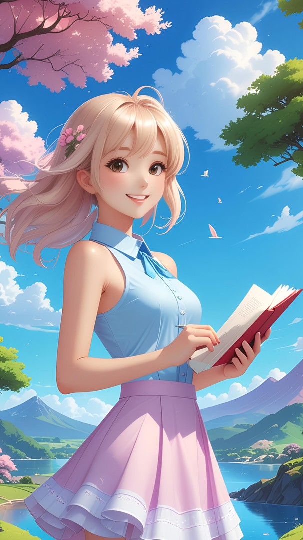 Aesthetic Anime Girl Reading Book in Nature – Soft Pastel Sky Wallpaper