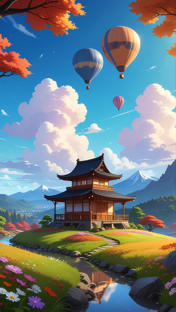 Peaceful Anime Landscape with Traditional Temple and Hot Air Balloons
