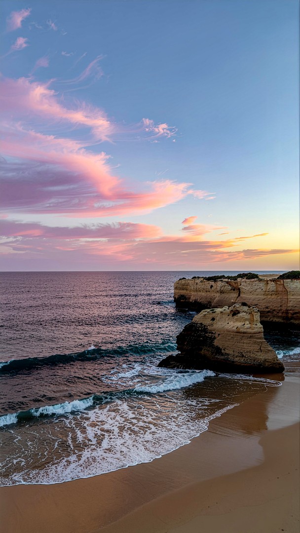 Calm Beach Sunset with Ocean Waves and Coastal Cliffs