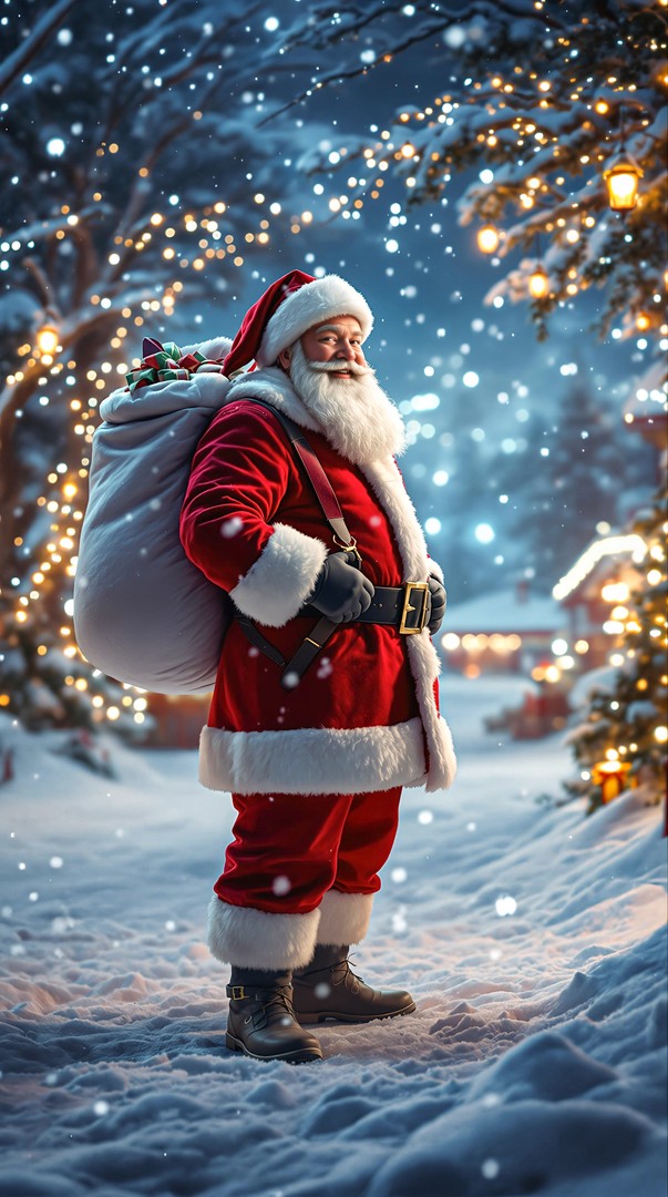 Santa Claus Delivering Gifts in Snowy Christmas Night – Festive 4K Wallpaper