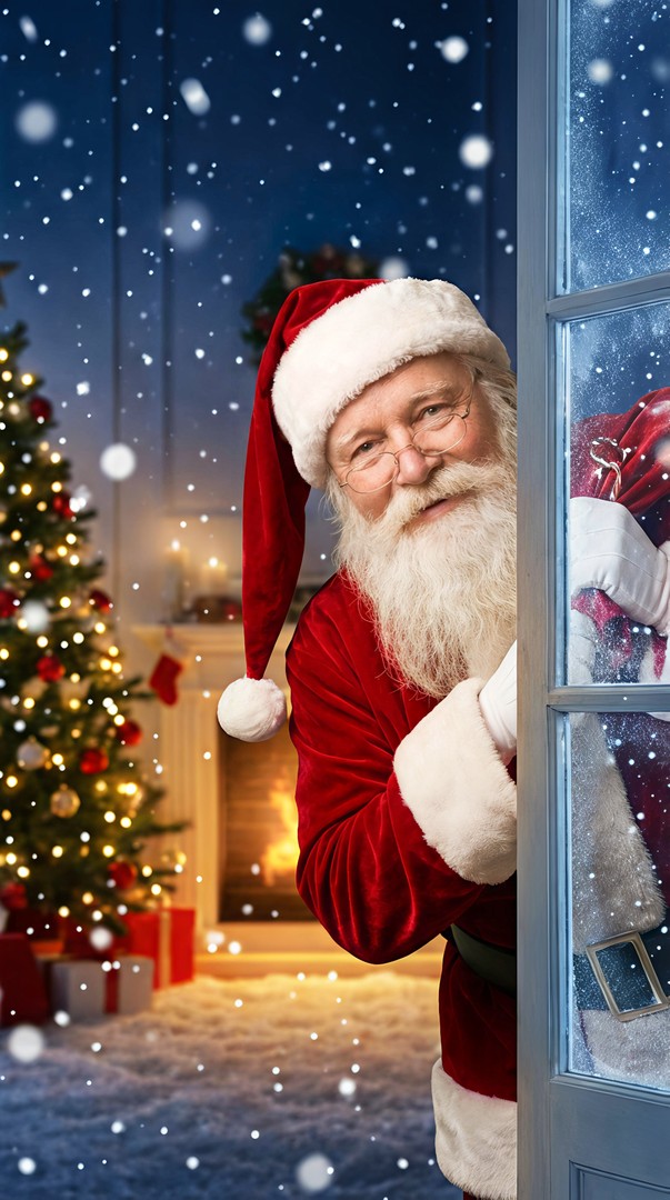 Santa Claus Peeking Through Door on Cozy Christmas Night – Festive 4K Wallpaper