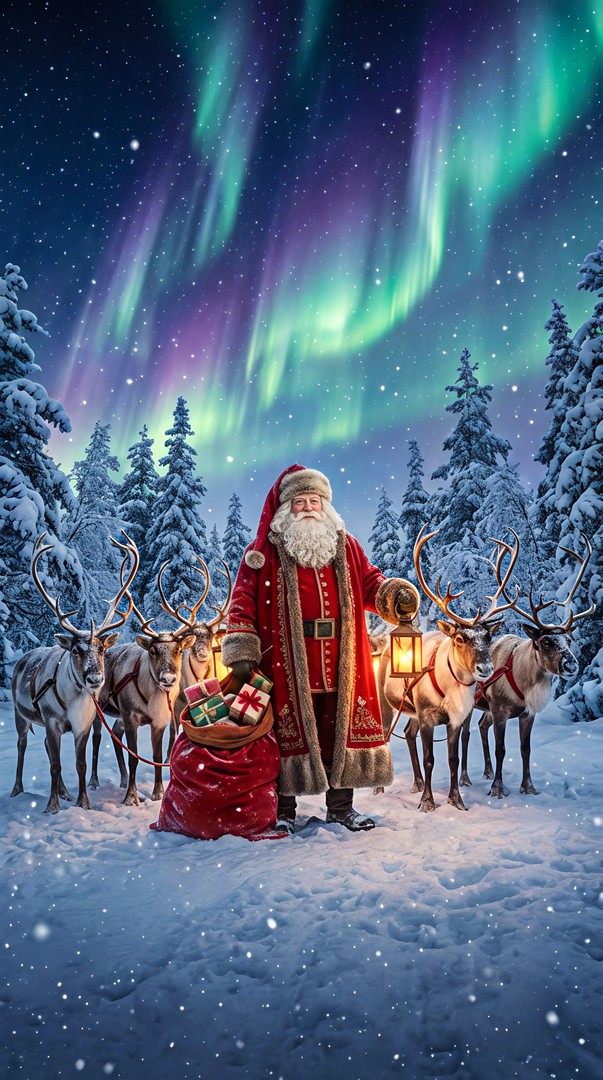 Santa Claus with Reindeers Under Northern Lights – Magical Christmas 4K Wallpaper