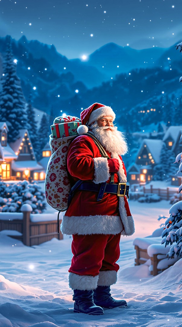 Santa Claus Walking Through Snowy Village – Cozy Christmas Night Wallpaper