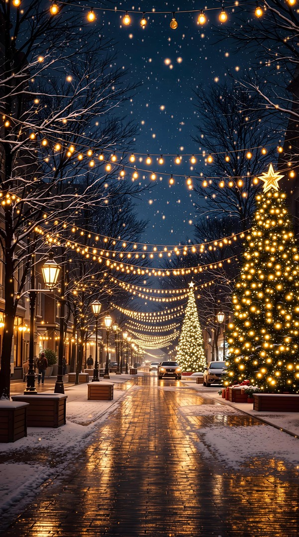 Magical Christmas Street with Glowing Lights – Winter Night Holiday Wallpaper