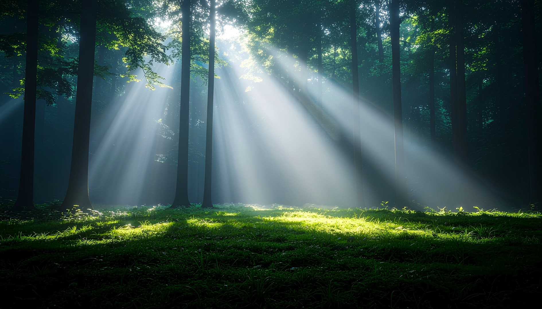 Sun Rays Through Deep Forest Green Nature Wallpaper