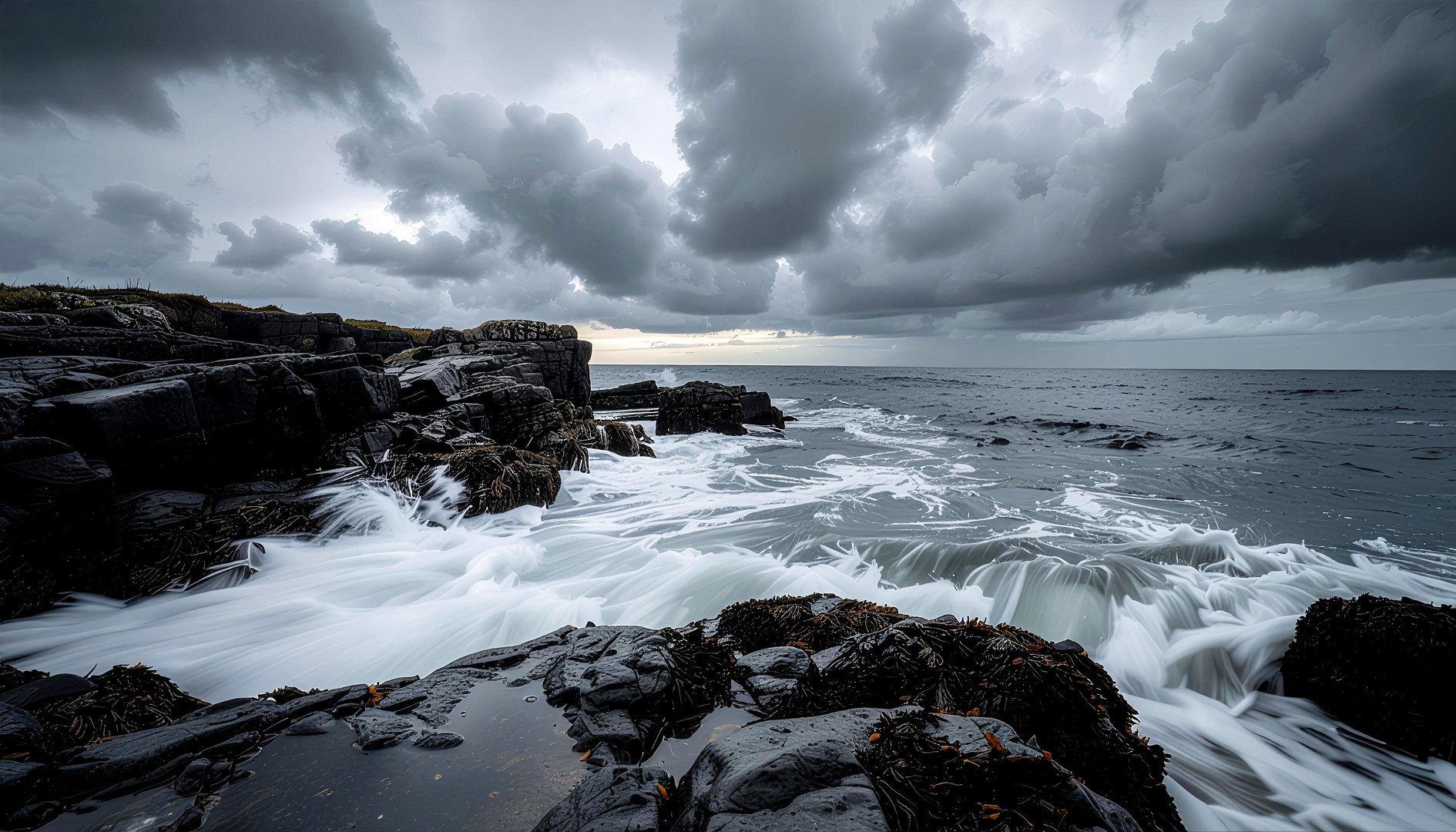 Dark Rocky Coast with Dramatic Ocean Waves Wallpaper