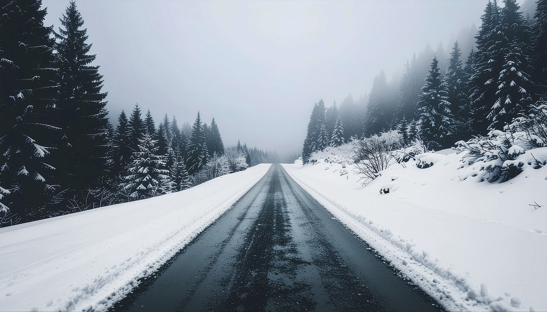 Minimal Snow Road Through Foggy Winter Forest Wallpaper