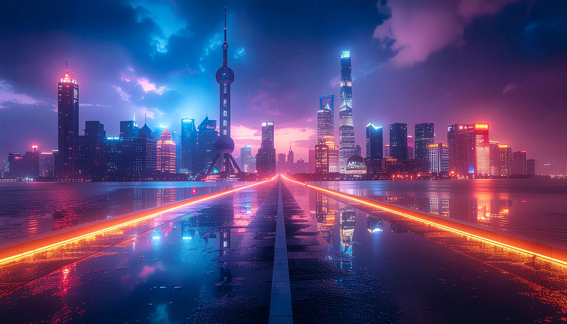Futuristic Neon Cityscape with Symmetry Wallpaper