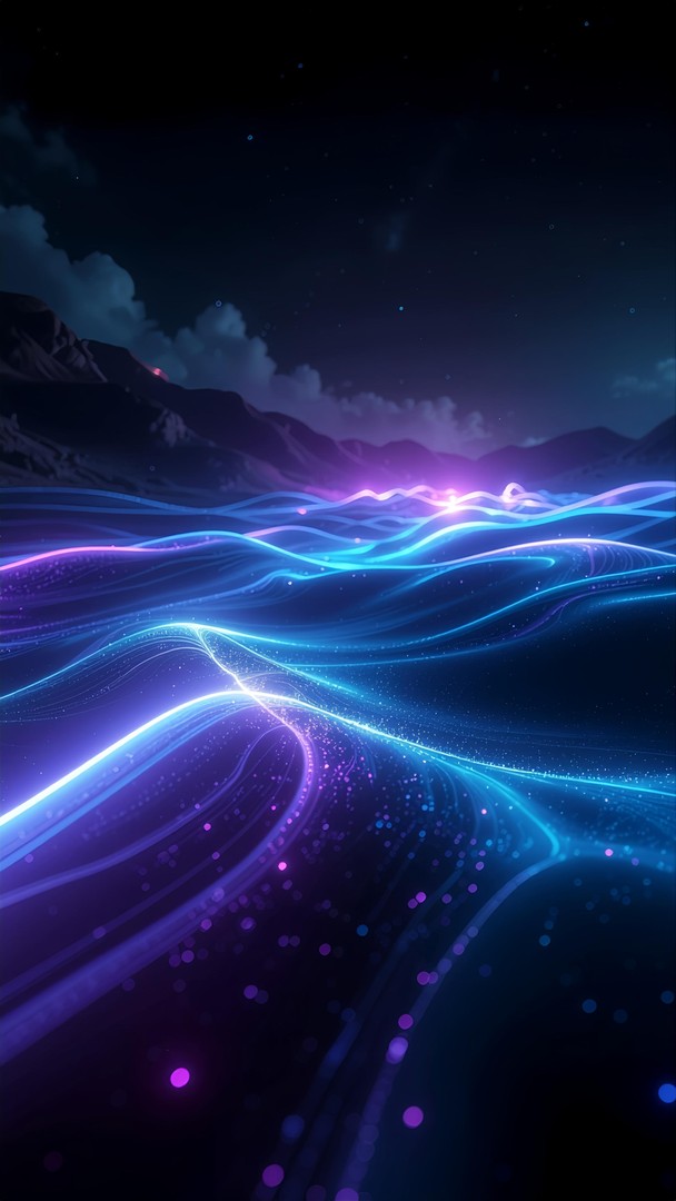 Neon Light Flow Over Dark Night Landscape