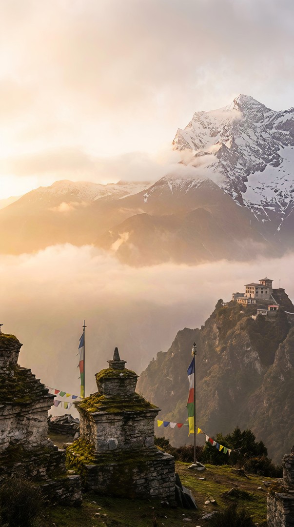 Peaceful Himalayan Mountain Wallpaper with Prayer Flags