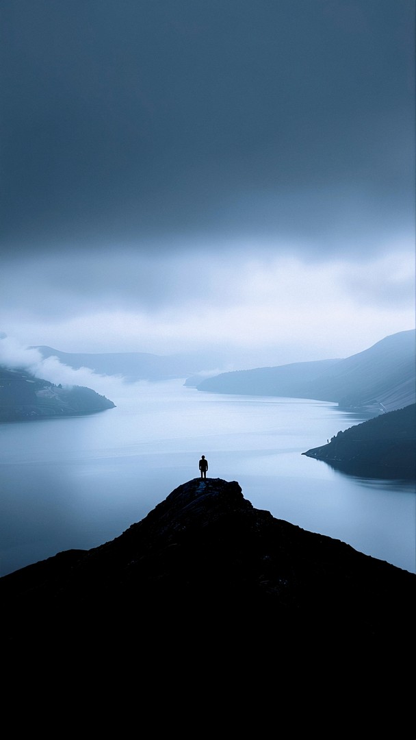 Alone Silhouette Over Calm Lake Minimal Wallpaper