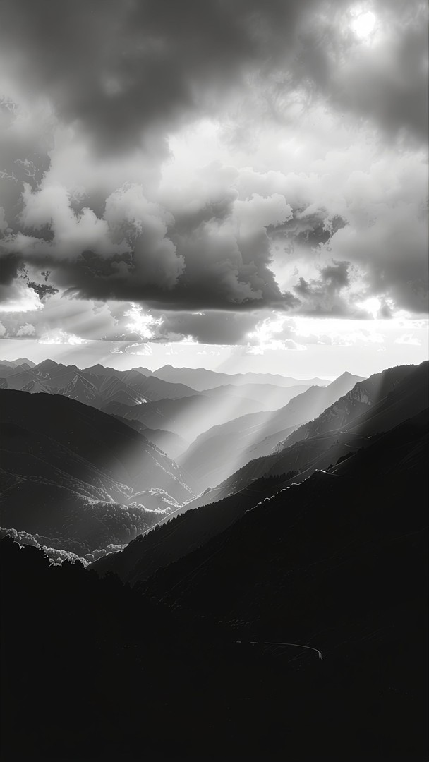 Dark Black and White Mountain Wallpaper with Light Rays