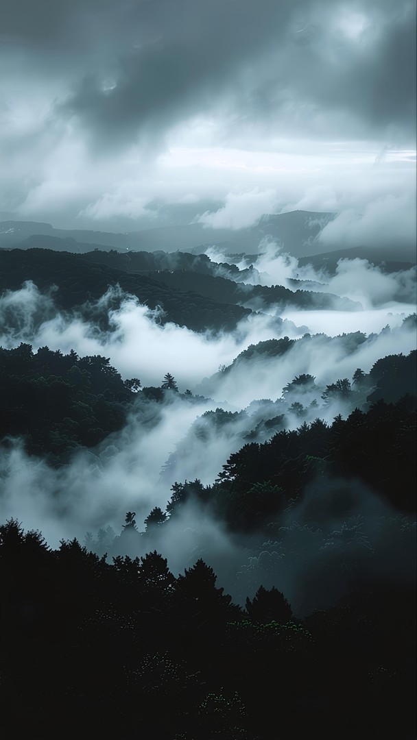 Misty Dark Forest Wallpaper – Cinematic Mountain Clouds