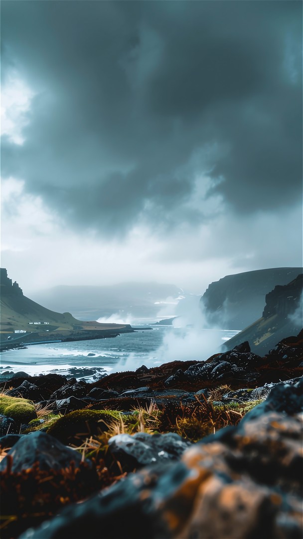 Dark Moody Landscape Wallpaper 4K - Foggy Mountains & Ocean Waves