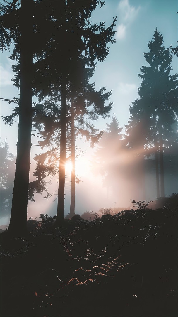 Misty Forest Sunrise Wallpaper - Sun Rays Through Pine Trees