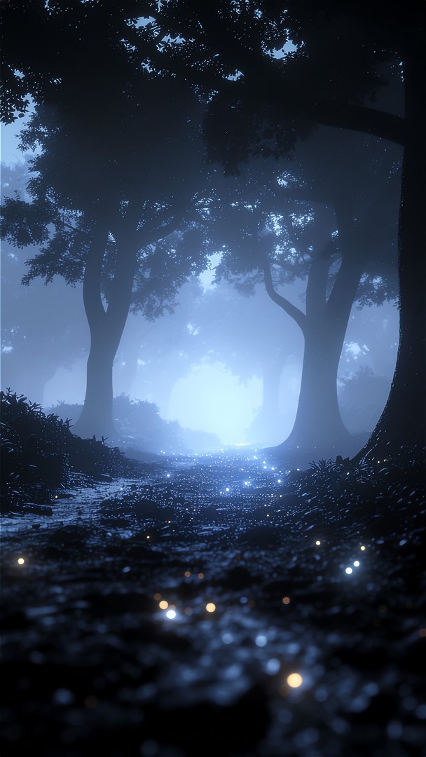 Mystical Blue Forest Wallpaper - Magical Fireflies & Foggy Path