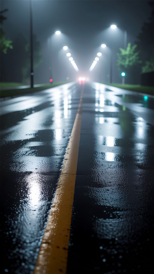 Rainy Night Road Wallpaper 4K - Wet Asphalt & Street Lights