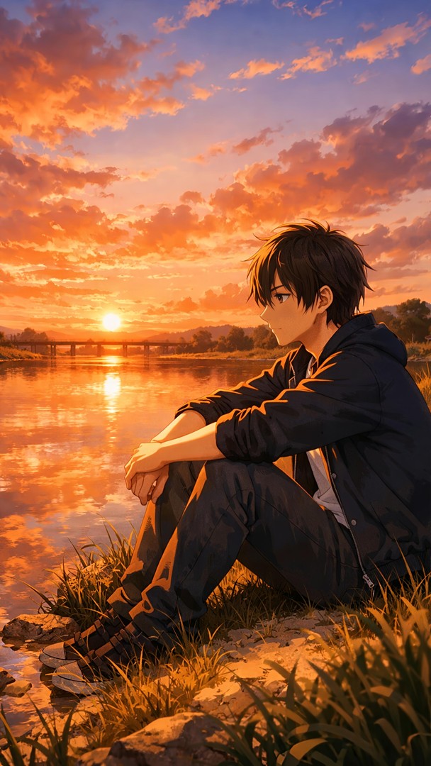 Anime Sunset River HD Wallpaper in 4K