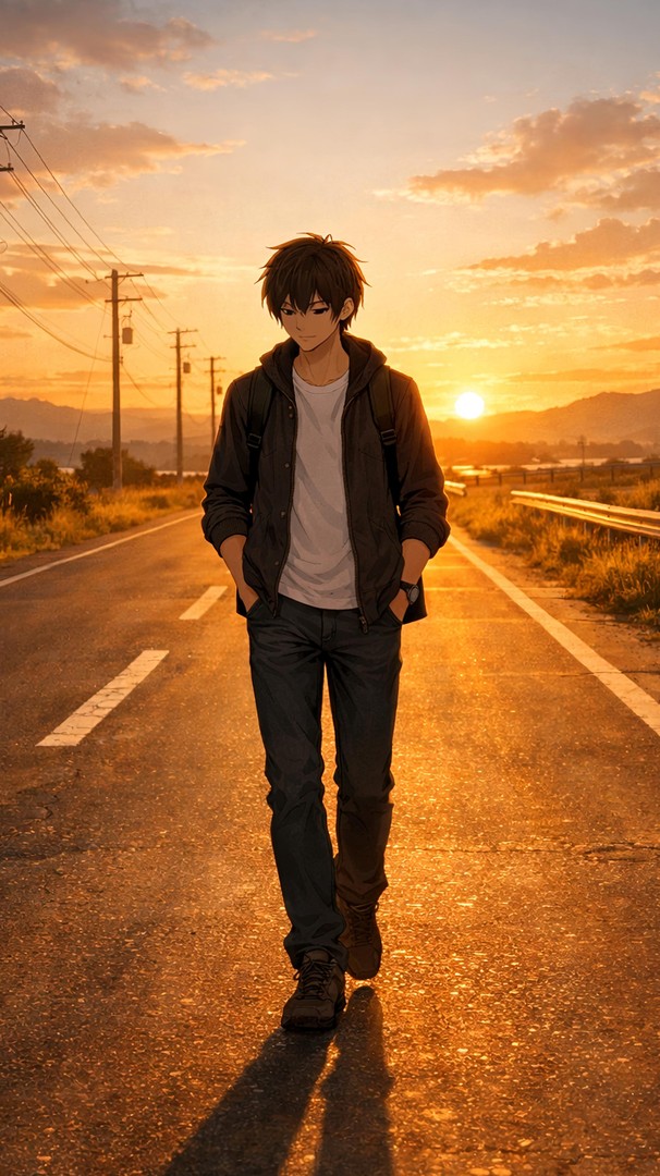 Anime Sunset Road HD Wallpaper in 4K - Lonely Travel Mood