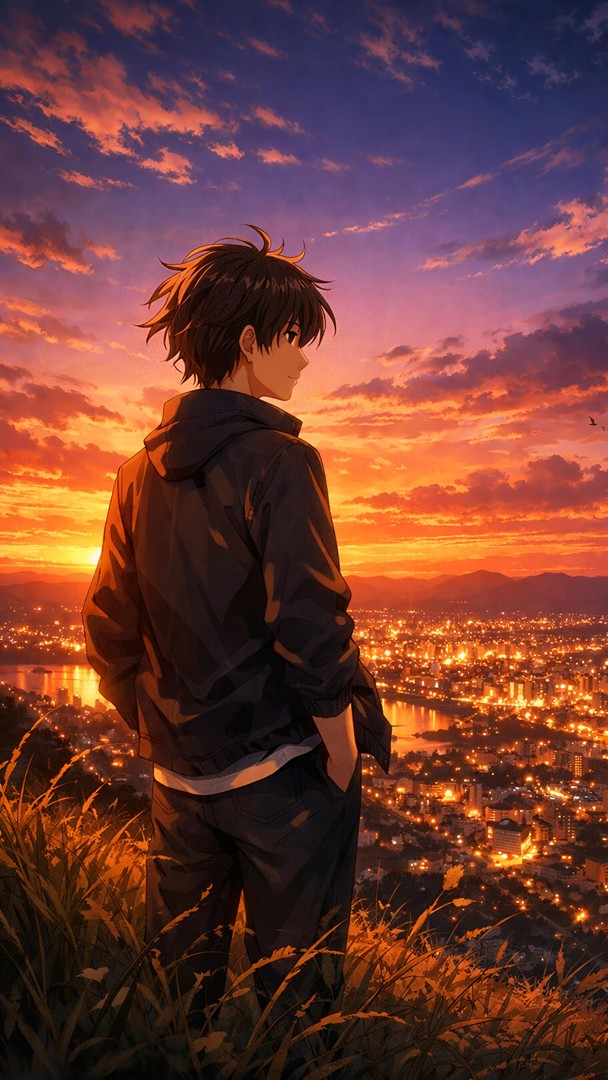 Anime City Sunset HD Wallpaper in 4K  -Golden Hour View