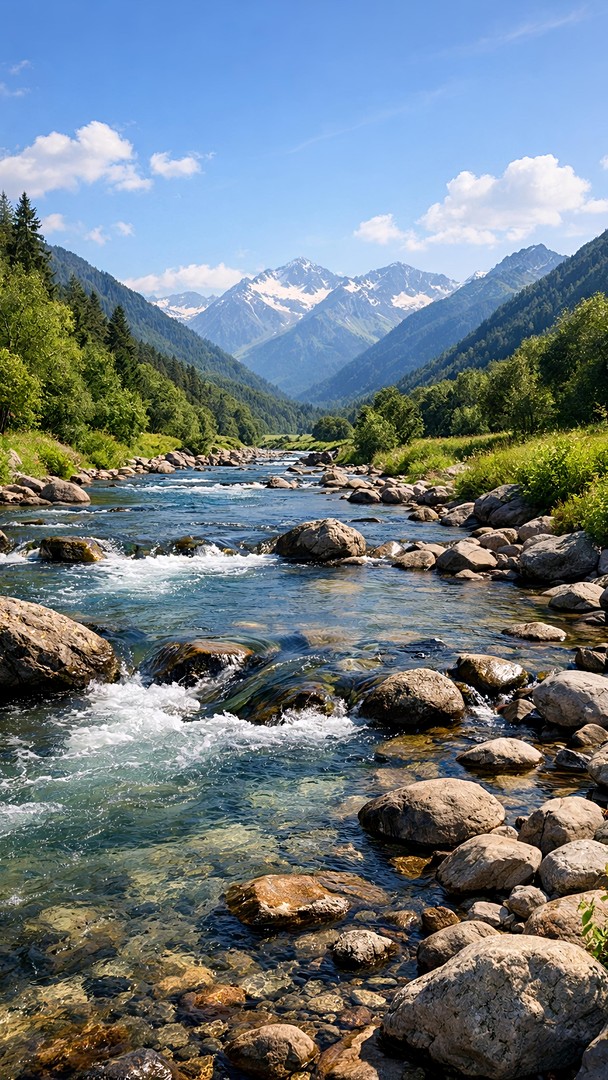Mountain River HD Wallpaper in 4K - Fresh Alpine Valley