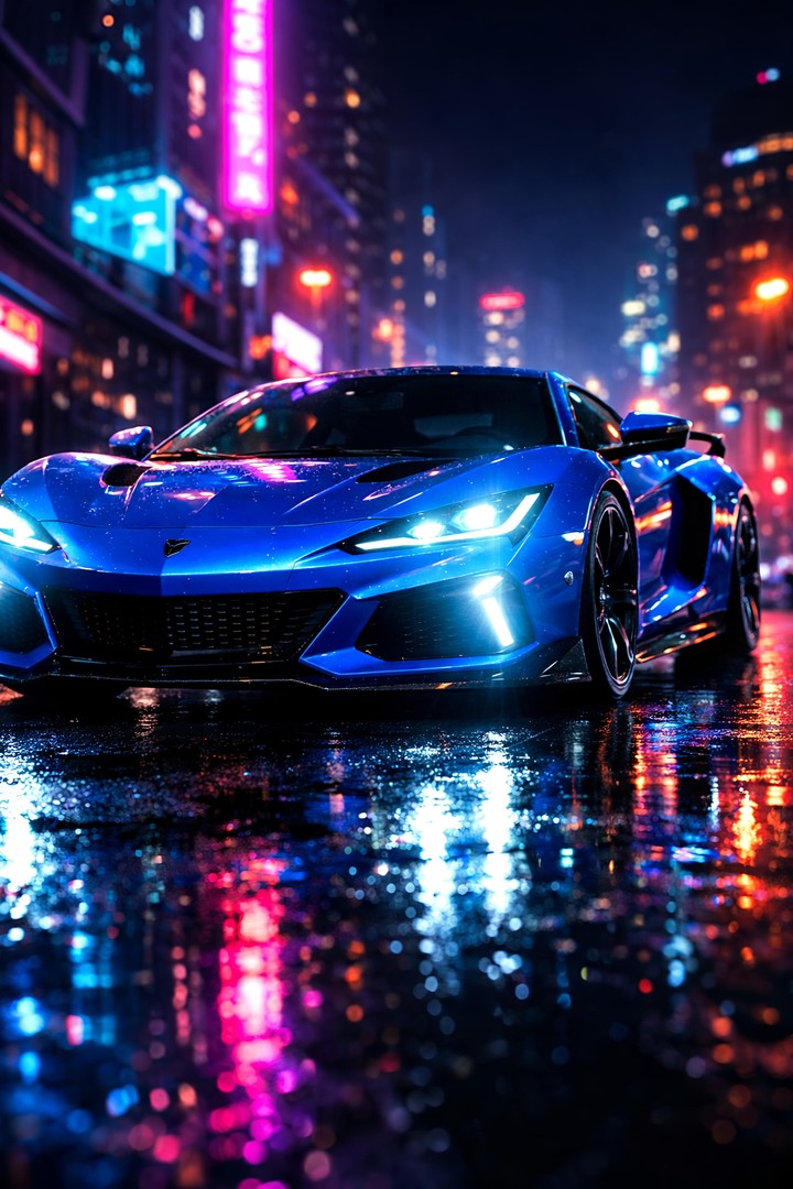 Neon Blue Supercar HD Wallpaper in 4K - Cyberpunk City Night