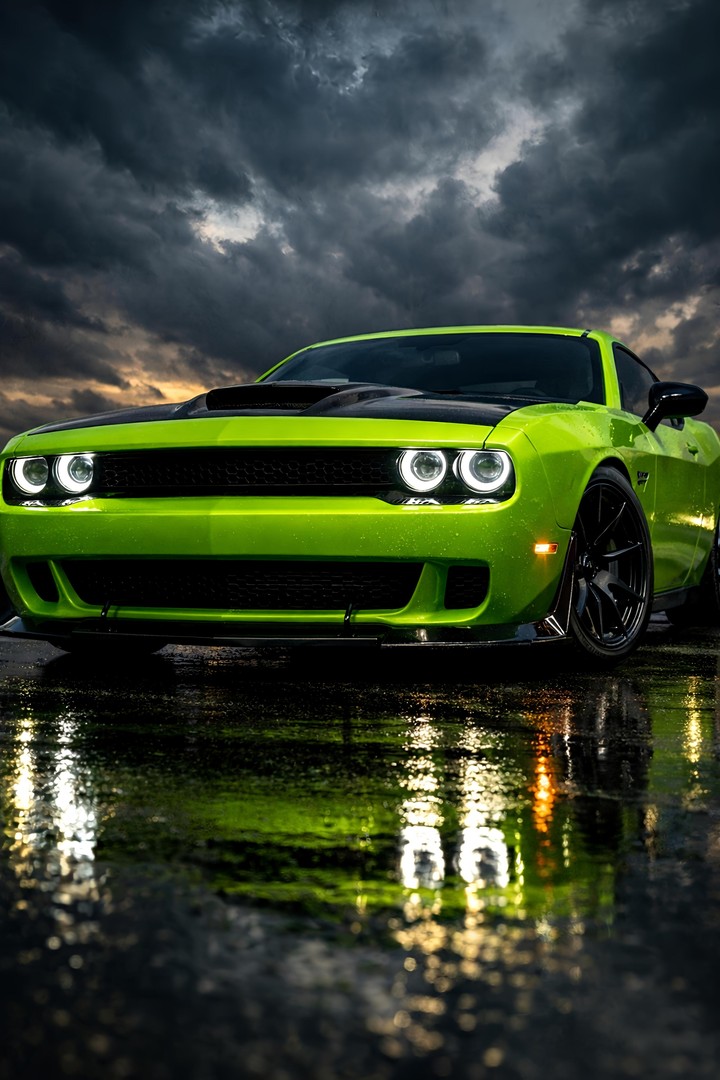 Green Muscle Car HD Wallpaper in 4K - Power Under Stormy Sky