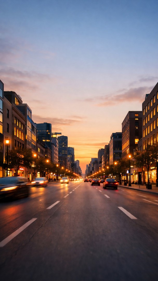 City Street Sunset HD Wallpaper in 4K - Urban Evening Lights