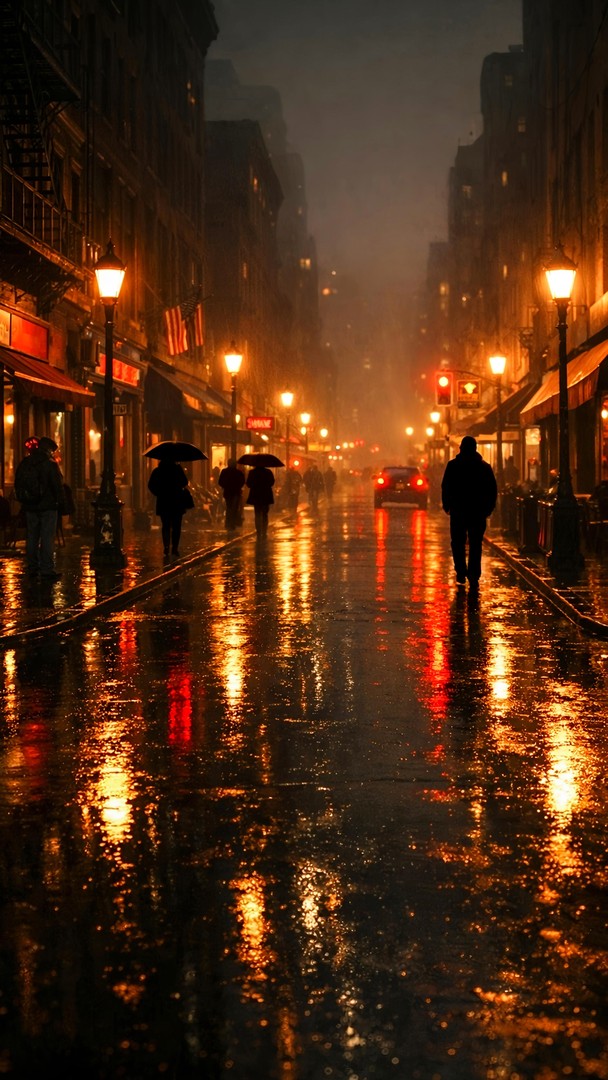 Rainy City Street HD Wallpaper in 4K - Night Reflections