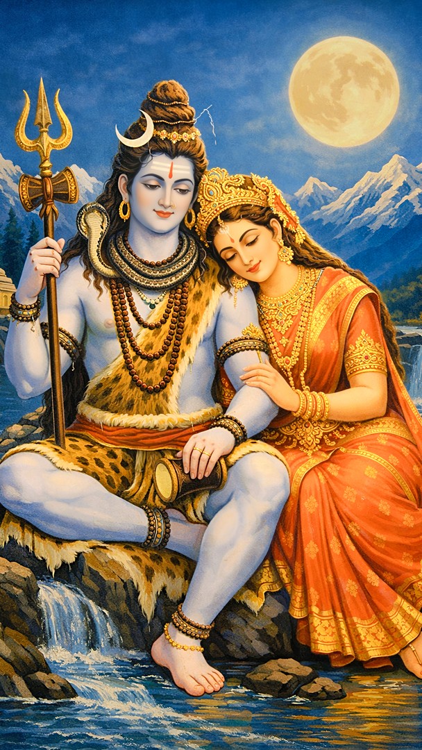 Shiv Parvati Moonlight HD Wallpaper in 4K - Divine Love Art