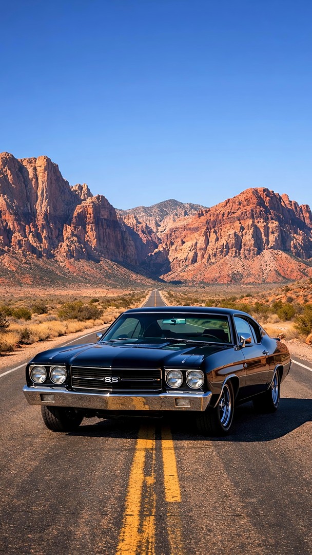 black Classic Car HD Wallpaper 4K - Desert Road