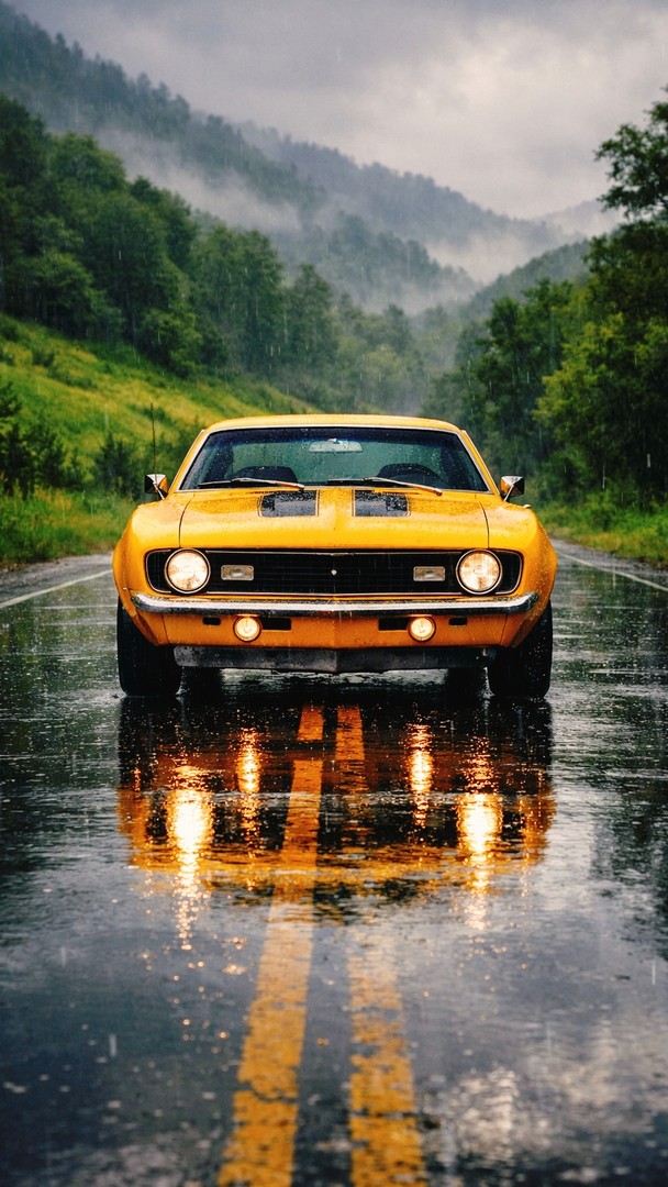 Yellow Car HD Wallpaper - Rainy Road