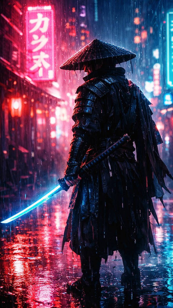 Samurai HD Wallpaper 4K - Neon Rain City