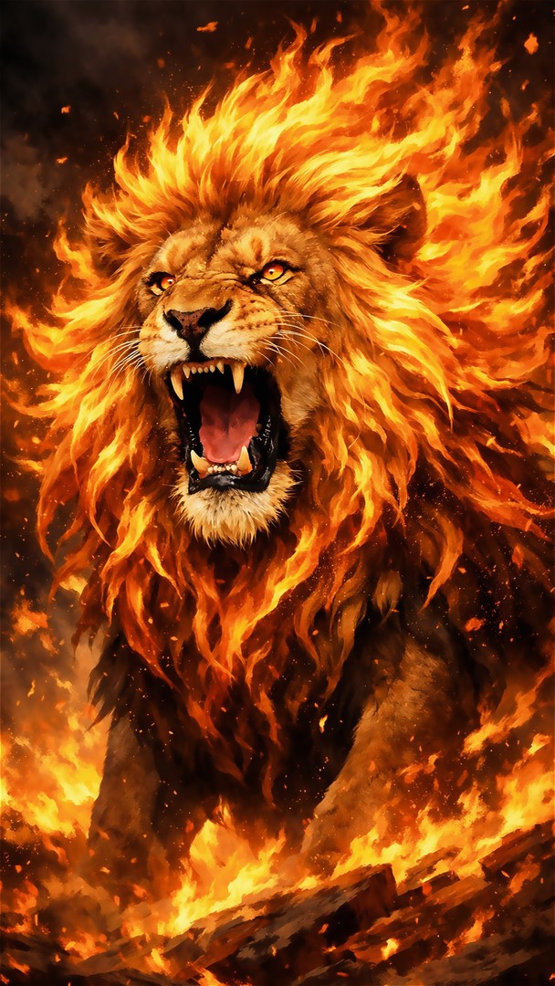Lion HD Wallpaper 4K - Powerful Flame Beast