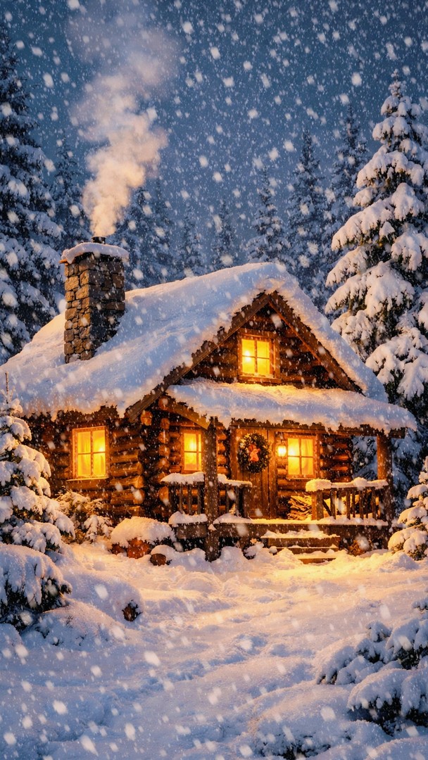 Winter Cabin HD Wallpaper 4K - Snowfall Night
