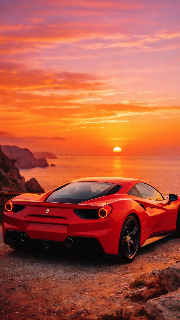 Farari  Red Car HD Wallpaper 4K - Sunset Drive