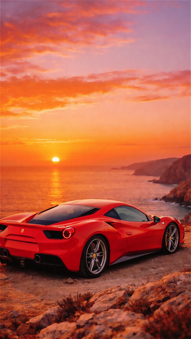 Red farari Supercar HD Wallpaper 4K - Coastal Sunset