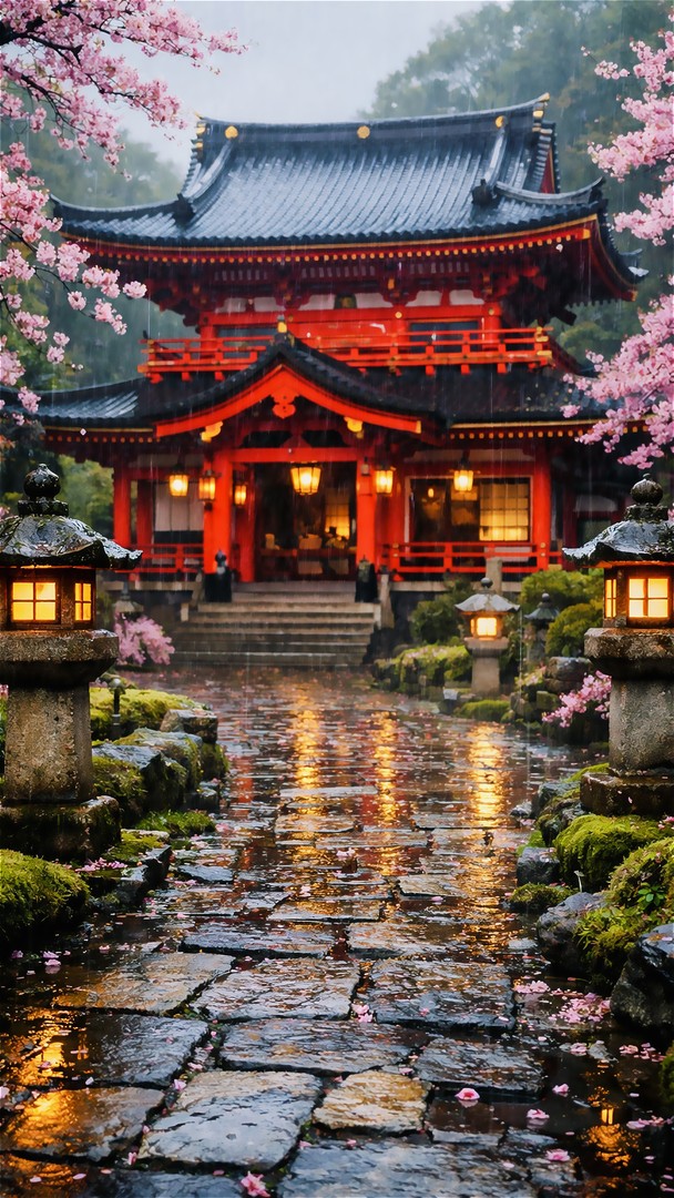 Japanese Temple HD Wallpaper 4K - Cherry Blossom Rain