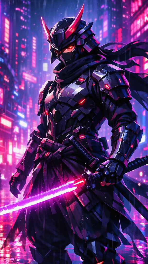 Cyberpunk Samurai Warrior HD Wallpaper 4K - Neon Futuristic